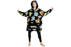 POKÉMON Pokemon Pikachu Blanket Hoodie for Kids Teens Fleece Wearable Blanket Charizard Bulbasaur Squirtle Cozy Hooded Blanket Loungewear Anime Gifts (Black Aop)