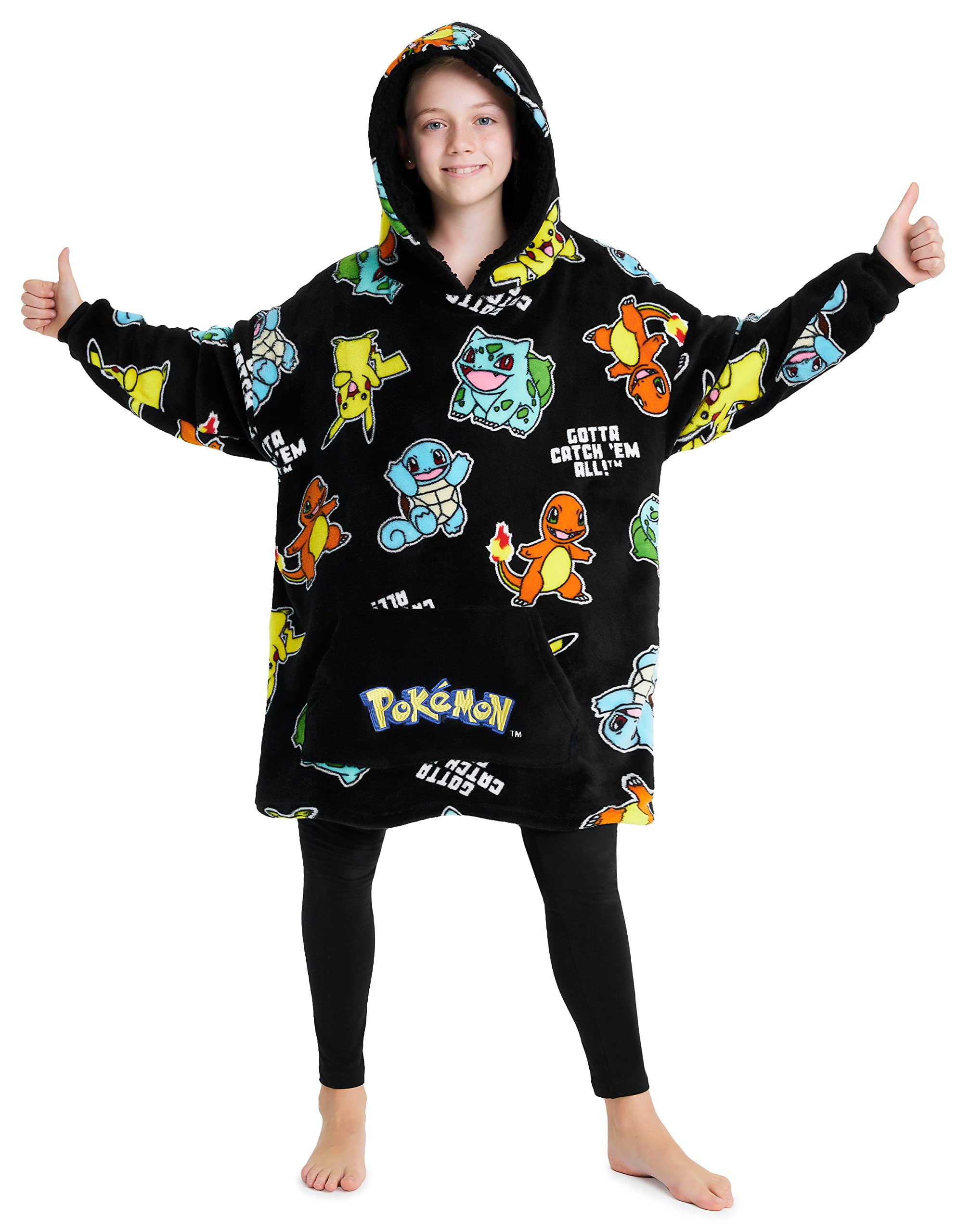 Photo 1 of Pokemon Pikachu Blanket Hoodie for Kids Teens Fleece Wearable Blanket Charizard Bulbasaur Squirtle Cozy Hooded Blanket Loungewear Anime Gifts (Black Aop)