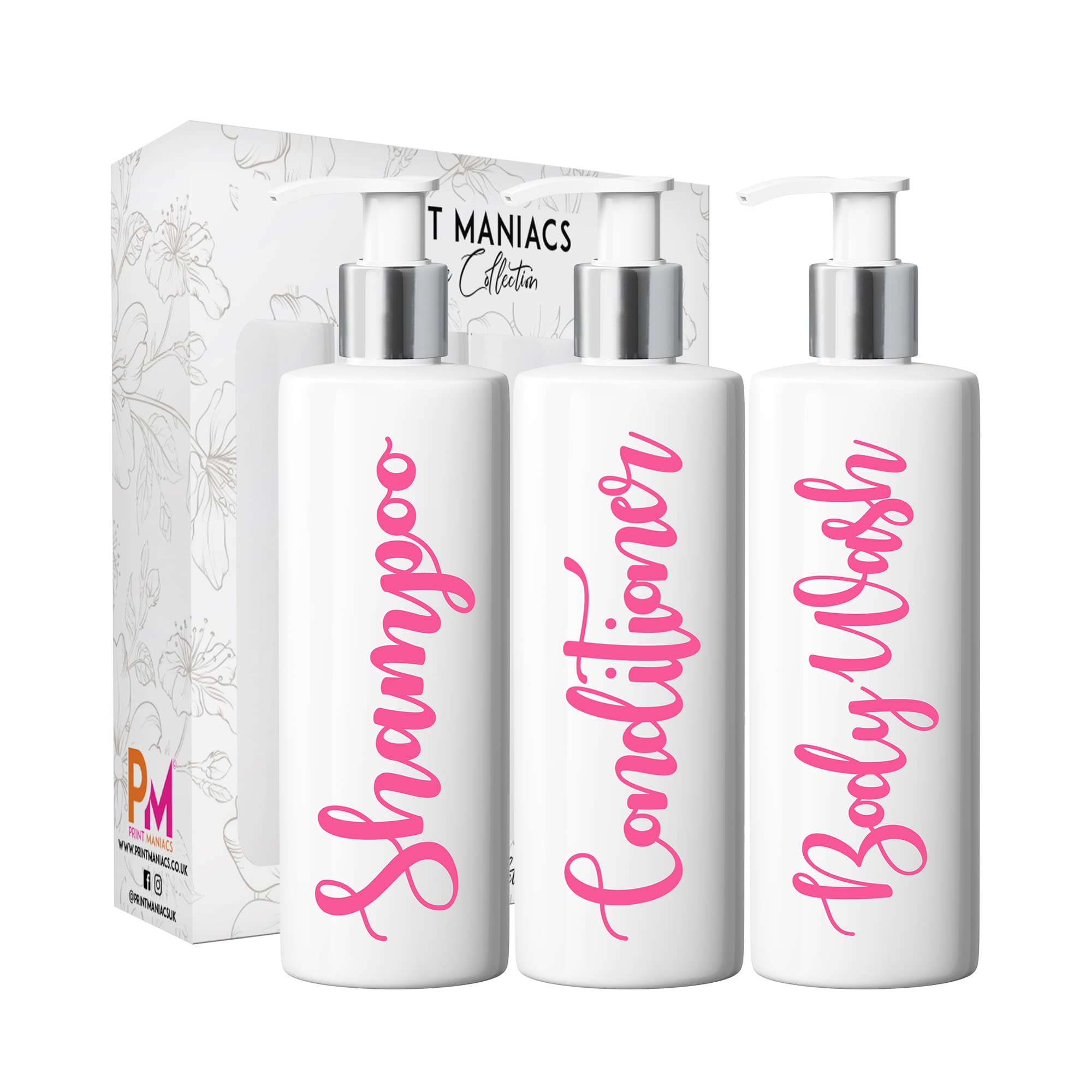 Print Maniacs 3 Set Mrs Hinch Inspired White Personalised Dispenser Pump Bottles Shampoo Conditioner Body Wash (Baby Pink)
