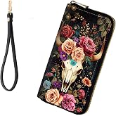 KJFHDJFDH RFID-Blocking Zip Around Wallets for Women with Detachable Wrist Strap, Large Capacity Credit Card Holder for Secure Everyday Use,Deer Skull Flower