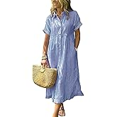 ebossy Women's Boho Striped Shirt Dress Button Up Side Slit Loose Mid Long Cotton Dress with Pockets