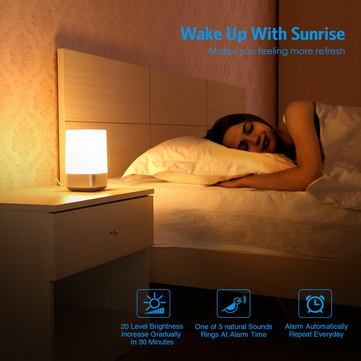 AMIR WakeUp Light Beside Lamp Alarm Clock with Sunrise Simulation, 5 Natural Sounds