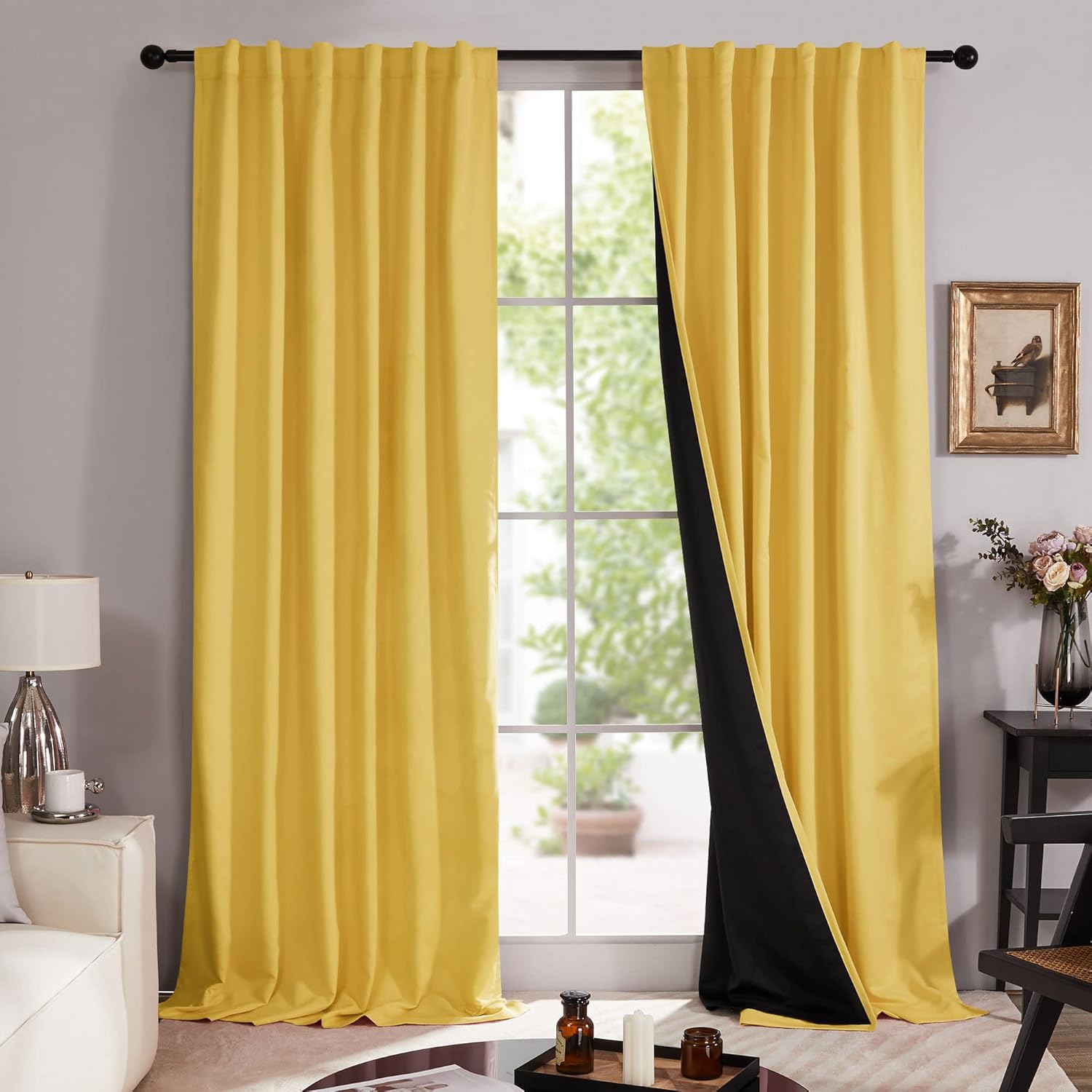 Outdoor Curtains - Deconovo Blackout Curtains - Curtains with Black Liner, Thermal Insulated and Sound Proof Yellow Curtains for Sliding Glass Door and Kitchen, Back Tab Curtains (52W x 84L Inch, Yellow, Pack of 2)