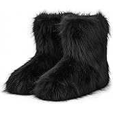 QLR Faux Fur Boots for Women Furry Fuzzy Fluffy Boots Round Toe Mid-Calf Winter Snow Boots Comfortable Outdoor Flat Shoes