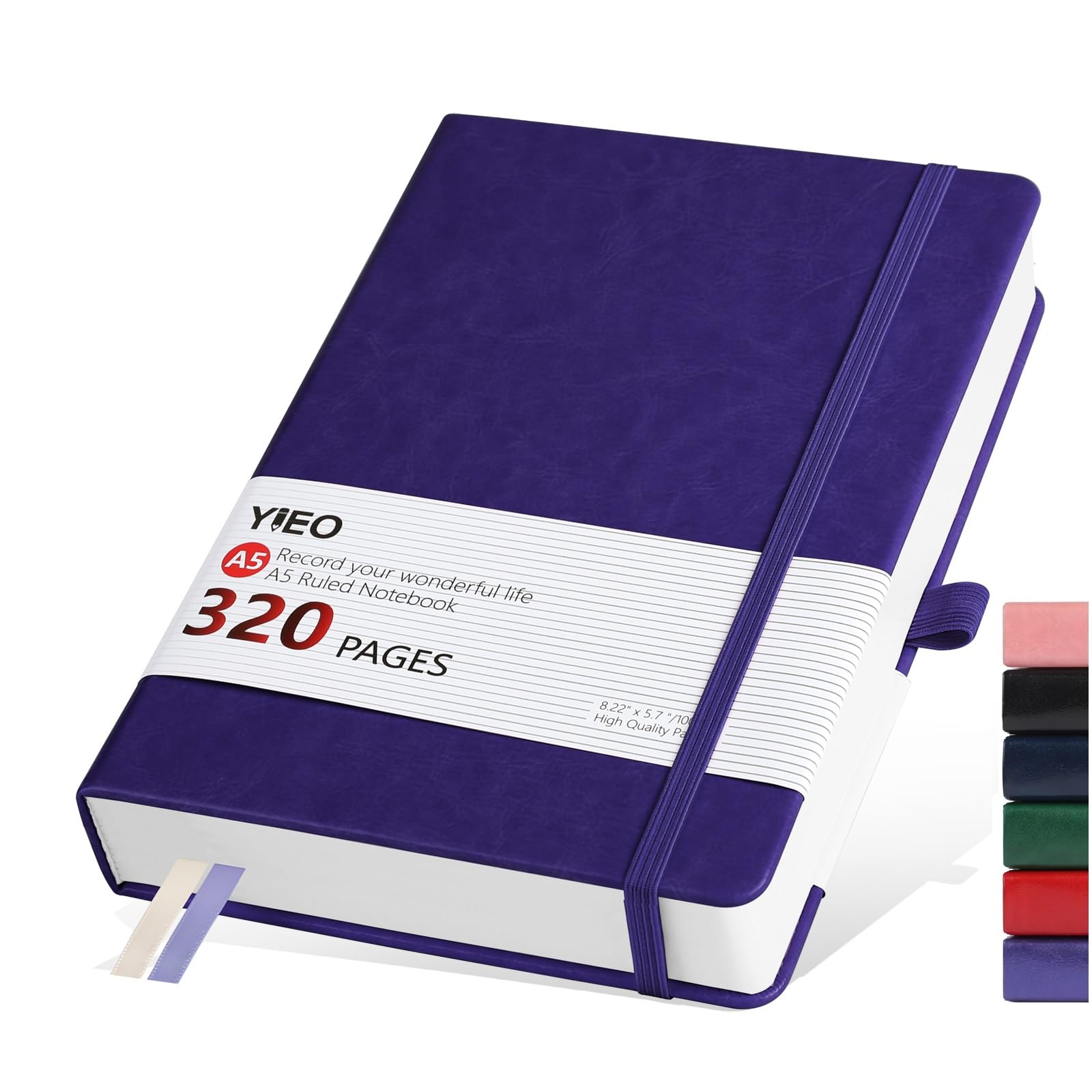 Notebook A5, Hardback A5 Notebook Thick Journal Notebook 320 Pages 100GSM A5 Lined Note Book Hardcover Notepad with Inner Pocket, Pen Loop, Elastic Closure and 2 Ribbon Page Marker, 14.5 x 21cm-Purple