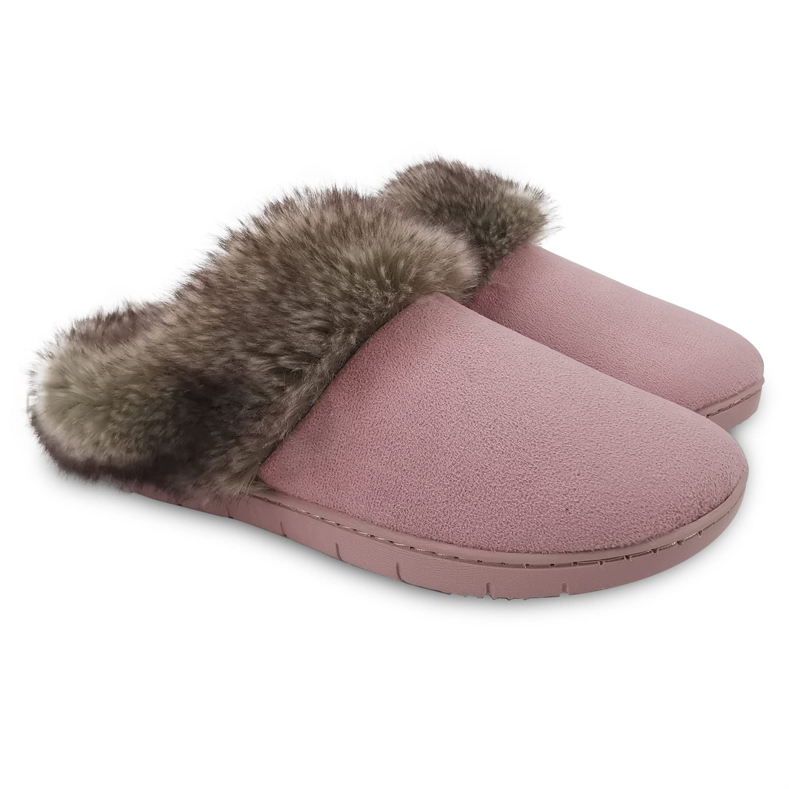 Photo 1 of ofoot Women's Micro Suede Moccasins Memory Foam Support Insole Faux Fur Fleece Lined Furry Home Slippers Indoor Outdoor Anti-Skid Hard Sole Outdoor Anti-Skid Hard Sole pink (6.5-7.5)