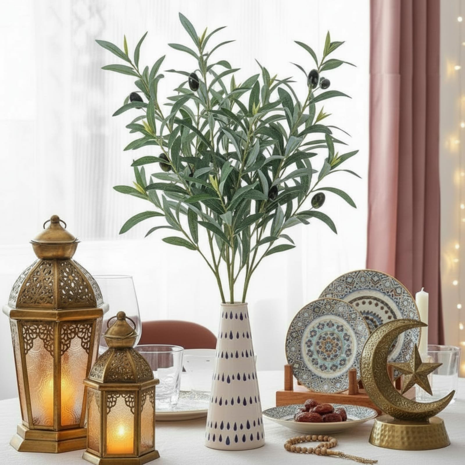 Photo 1 of 10 Pcs 12 Inch Ramadan Decoration Faux Olive Branches for Vases Eid Artificial Plants Olive Leaves Stems Ramadan Table Decor Eid Tabletop Greenery Centerpiece for Islamic Home Office Wedding Party