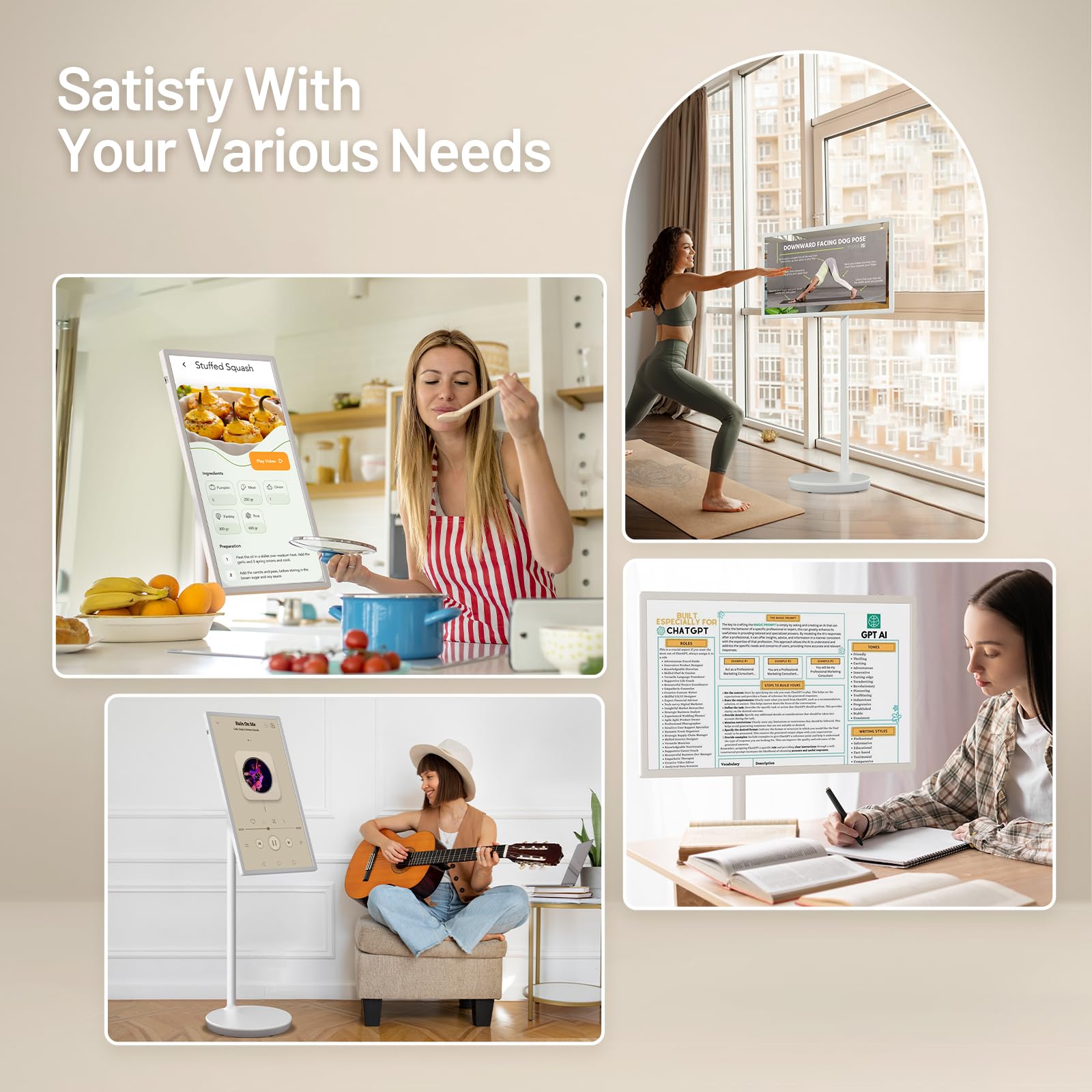 32-Inch Portable TV with Touch Screen | 6GB RAM + 128GB Storage | 1080P Full HD Portable Monitor with Built-in 8-Hour Battery | Android 13 OS | Rolling TV on Wheels | Remote Control