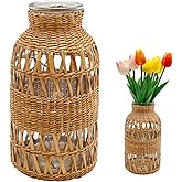 Straw Woven Glass Vase 6.29''x1.77''x3.15''Boho Glass Flower Vase Country Rustic Style Vase Glass Vase for Floral Arrangements Housewarming Party Home Decor (C Style 6.29IN)