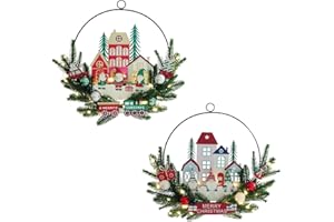 YZYVIOW 2 Pack Christmas Rustic Wreath for Front Door, Artificial Xmas Chimney Wreath with Various Decorations and Lights, 16 Inches Wreath for Indoor Outdoor Home Christmas Festival Decoration