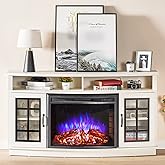 AMERLIFE Curved Fireplace TV Stand with 26'' Electric Fireplace, Media Entertainment Center Farmhouse Glass Door Storage Cabinet, Open Shelve Console Table for TVs up to 65'', Distressed White