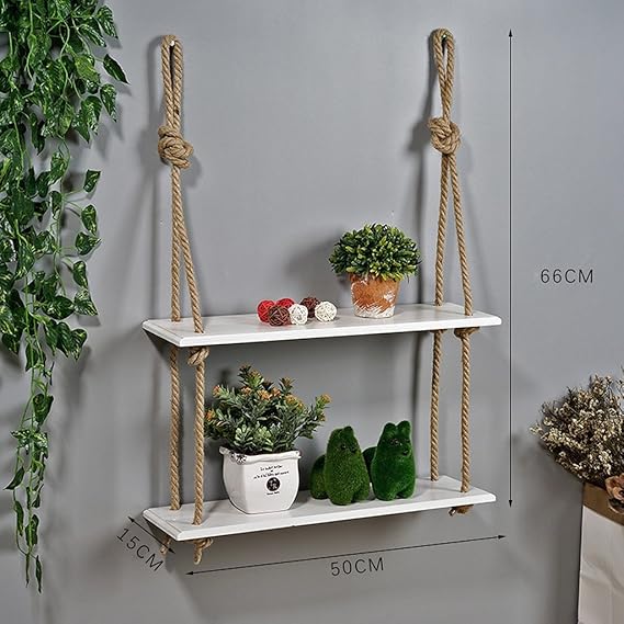ZHEN GUO Rope Swing Floating Shelves Wood Shelf Wall