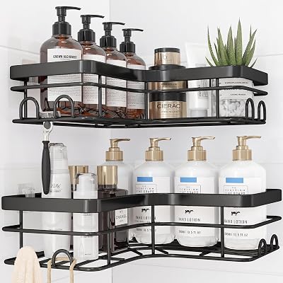 Kitsure Corner Shower Caddy 2 Pack Rustproof Shelves 4 Hooks Soap Holder Black