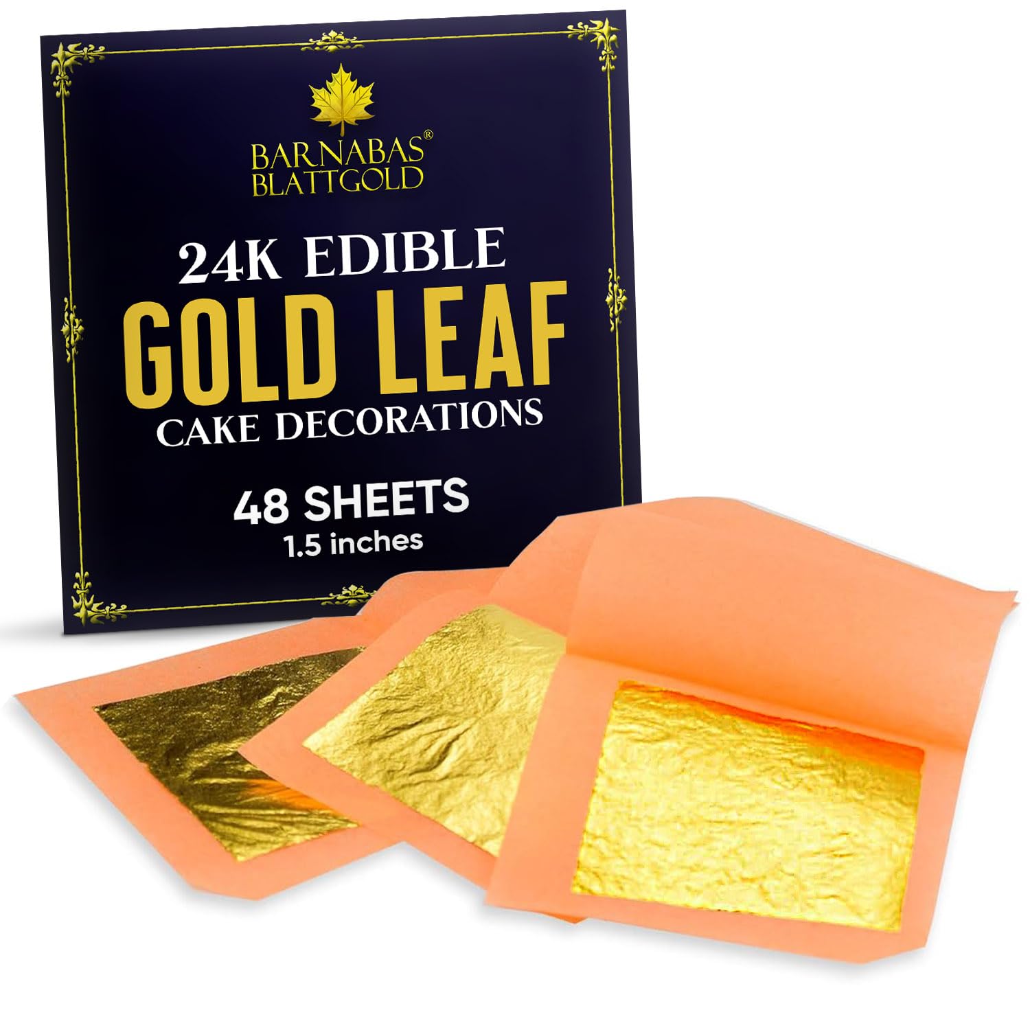 Barnabas Blattgold Edible Gold Leaf 24K - Cake Decorations, Loose Gold Leaf Sheets for Cupcakes - 1.5 inches, Interleaf of 48