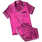 Ekouaer Womens Silk Satin Pajamas Short Sleeve PJS Shorts Set Soft Button Down Sleepwear 2 Piece Loungewear S-5XL