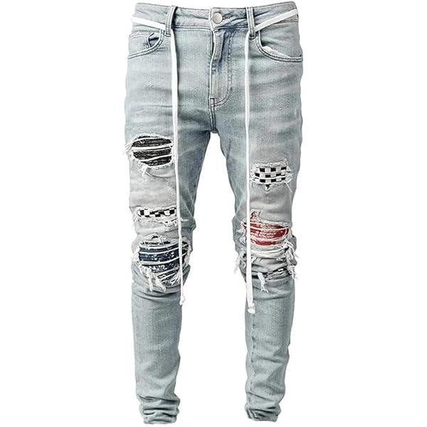 Men's Vintage Ripped Patch Jeans Printed Pattern Skinny