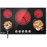 AAOBOSI 36 Inch Electric Cooktop, 5 Burner 9000W, Knob Controls | Knob Controls,9 Heat Levels,Child Lock and Timer, 220-240V Hardwired, ETL&amp;FCC, Any Cookware, Hot-surface indicator,No Plug