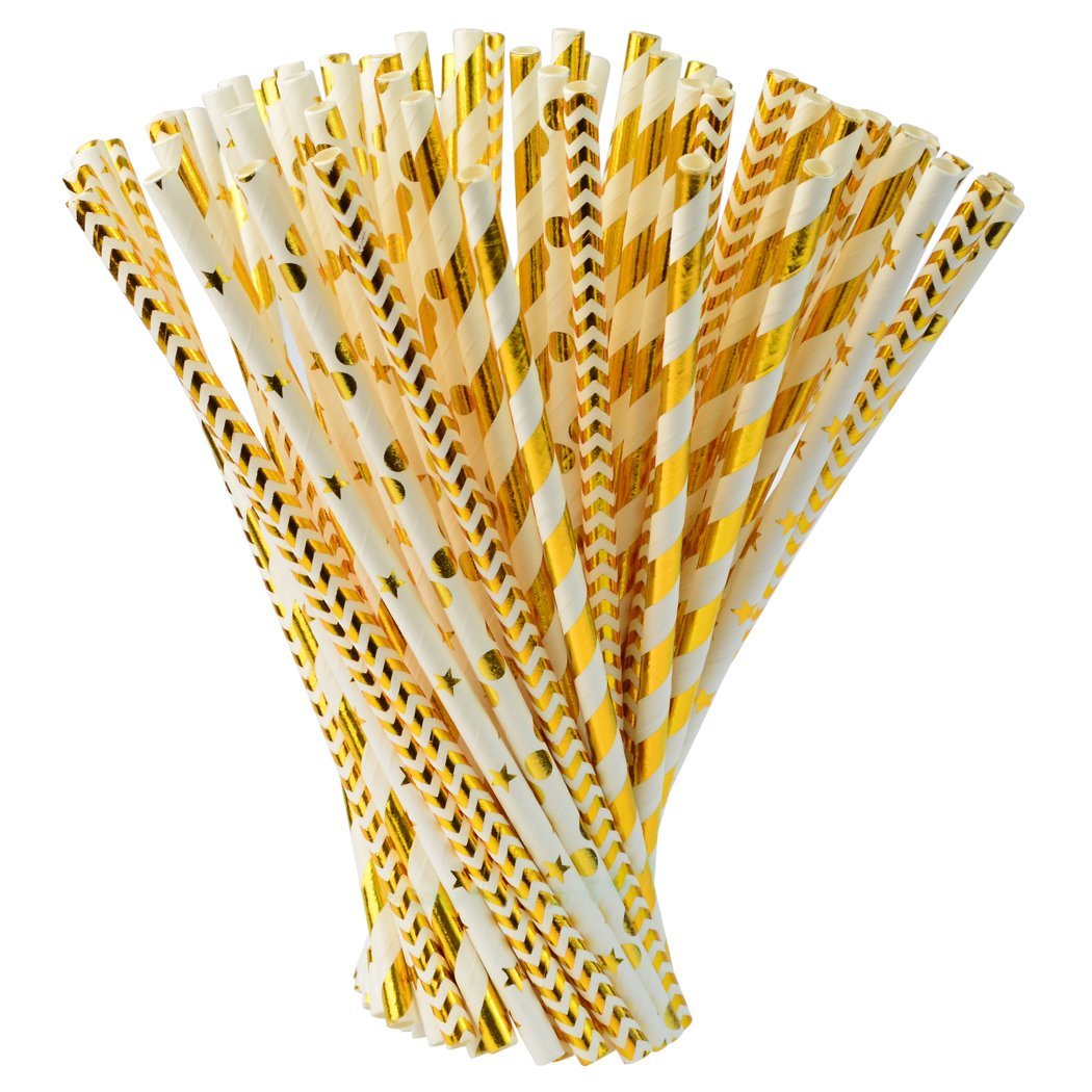 200 pcs Biodegradable Paper Straw with 8 Sheets Stickers, Drinking Straws for Birthdays, Weddings, Baby Showers, Celebrations and Parties, Gold, White