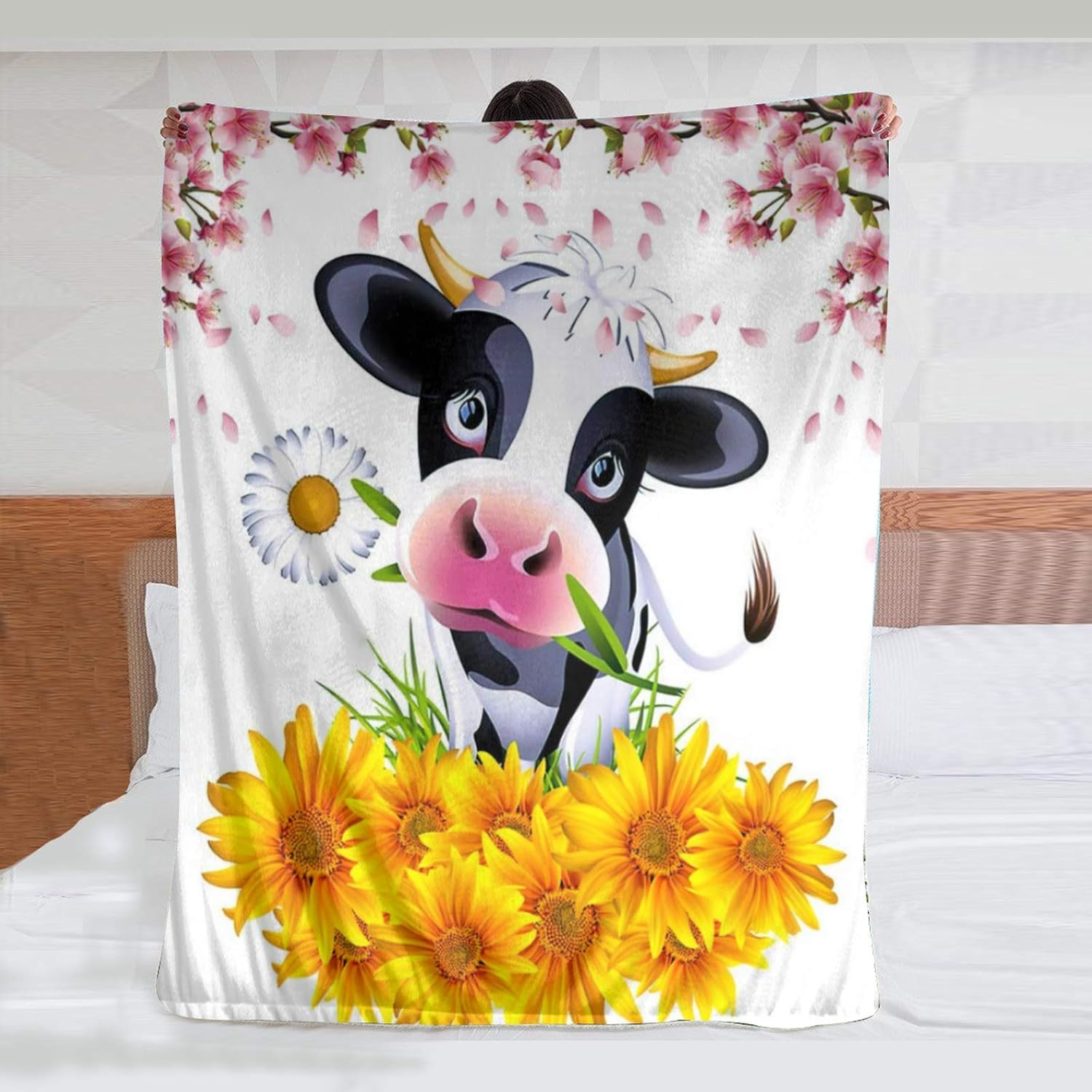 JASMODER Cartoon Cow Holding Flowers Throw Blanket Warm Ultra-Soft Micro Fleece Blanket for Bed Couch Living Room