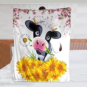 JASMODER Cartoon Cow Holding Flowers Throw Blanket Warm Ultra-Soft Micro Fleece Blanket for Bed Couch Living Room