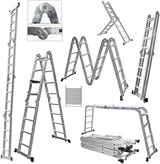 14 in 1 Anlegeleiter 470cm Mehrzweckleiter Gerüst leiter mit Arbeitsbühne Alu Verstellbar Klappleiter Gelenkleiter Leiter Stehleiter bis 150kg belastbar(4X4 Stufen)