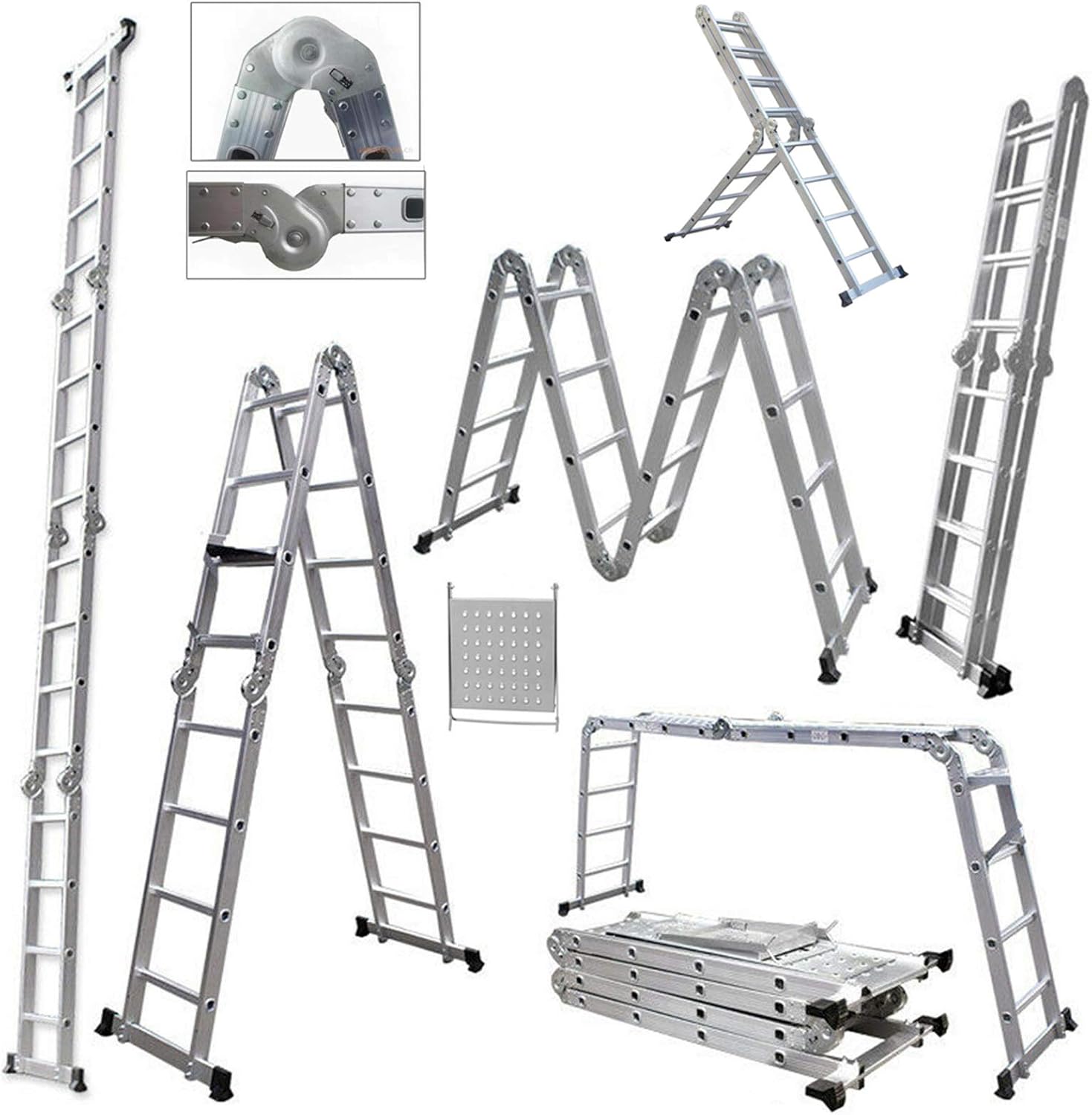 14 in 1 Anlegeleiter 470cm Mehrzweckleiter Gerüst leiter mit Arbeitsbühne Alu Verstellbar Klappleiter Gelenkleiter Leiter Stehleiter bis 150kg belastbar(4X4 Stufen)