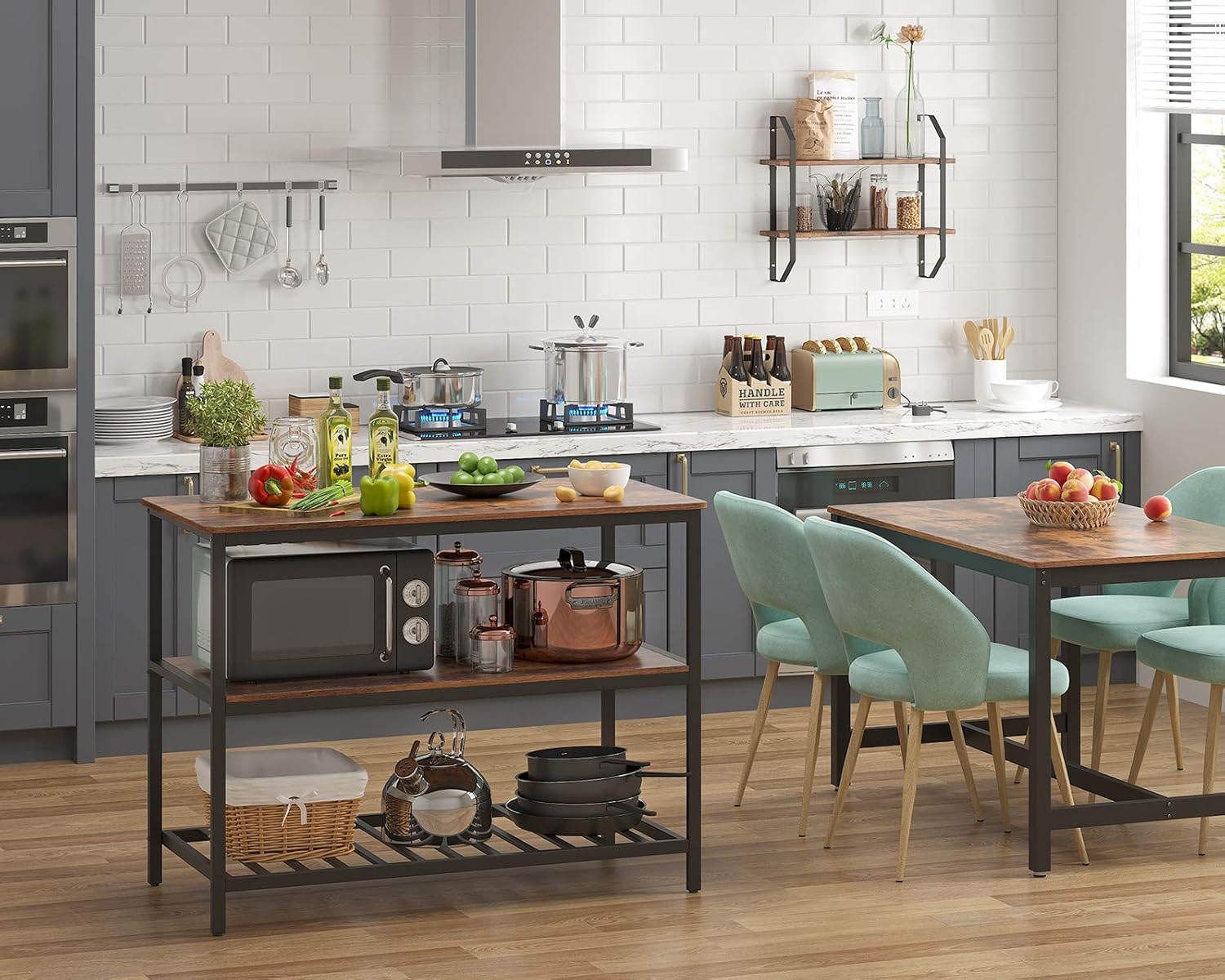 VASAGLE ALINRU Kitchen Island with 3 Shelves, Kitchen Shelf with Large Worktop, Stable Steel Structure, 47.2 x 23.6 x 35.4 Inches, Industrial, Easy to Assemble, Rustic Brown and Black UKKI01BX - Kitchen Islands & Carts