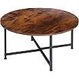SUPER DEAL Round Coffee Tables w/ 32 Inch Rustic Wooden Surface Top and Sturdy Metal Legs Industrial Cocktail Table for Living Room, Rustic Brown