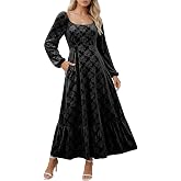 Caracilia Womens Long Sleeve Velvet Formal Fall Maxi Dress | Floral Party Evening Cocktail Wedding Guest Long Dresses, Square Neck Soft Stretchy, Tiered Ruffle Hem Winter Clothes