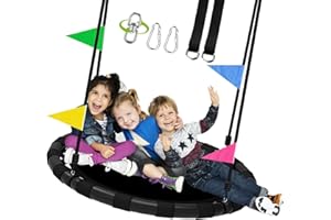 HeyZoo 48 Inch Saucer Swing, 900lbs Weight Capacity Tree Swing Sets for Backyard 2 Added Hanging Straps Adjustable Multi-Strand Ropes and Center Swivel Spinner, Gifts for Kids and Family, Black