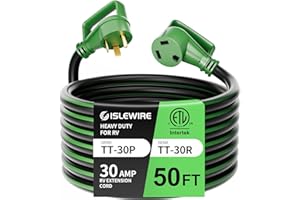 islewire 30 Amp 50 Feet RV Extension Cord with Grip Handle, Heavy Duty 10 Gauge 3-Prong 125V STW Pure Copper RV Cord, NEMA TT-30P/R with Cord Organizer for RV Trailer Campers, Black&Green, ETL Listed