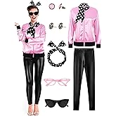 SOMSOC 1950s Pink Satin Jacket with Pant Polka Dot Scarf Headband Earrings and Cat Eye Glasses Halloween Cosplay Costume Set
