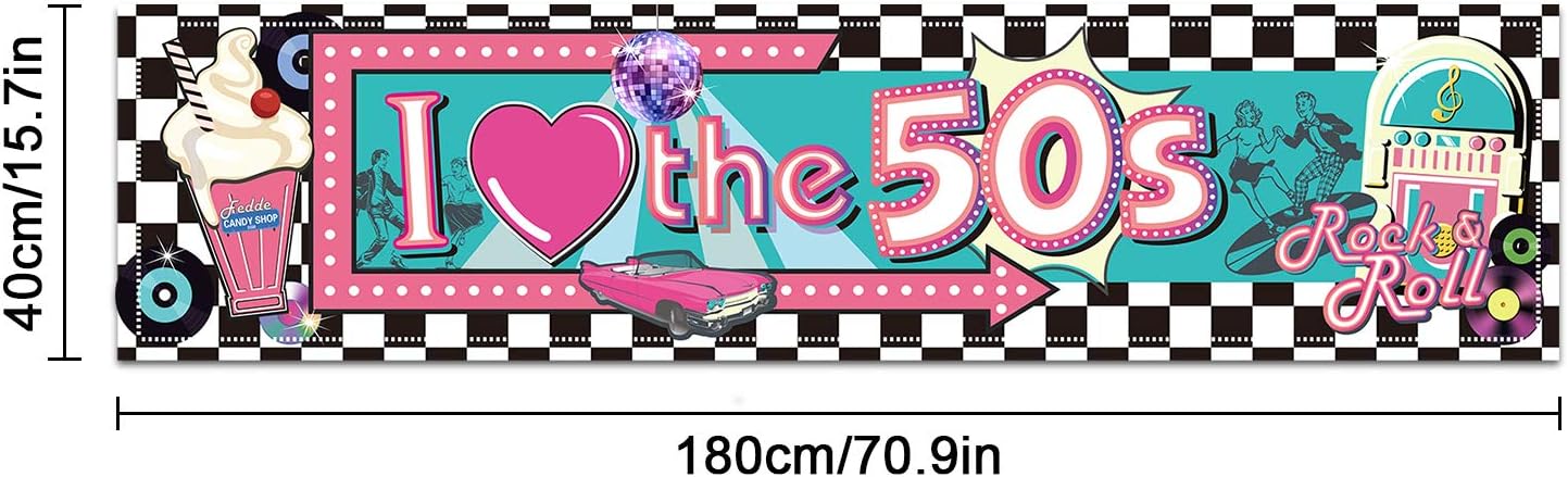 50's Party Banner I Love the 50's Banner 1950s Rock and Roll Theme Party Decorations Photo Booth Backdrop Wall Background 50s Party Decoration Baby Shower Birthday Party Supplies - Image 3
