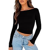 ForeFair Long Sleeve Shirt for Women Going Out Top Crop Boat Neck Double Lined Basic T Shirts