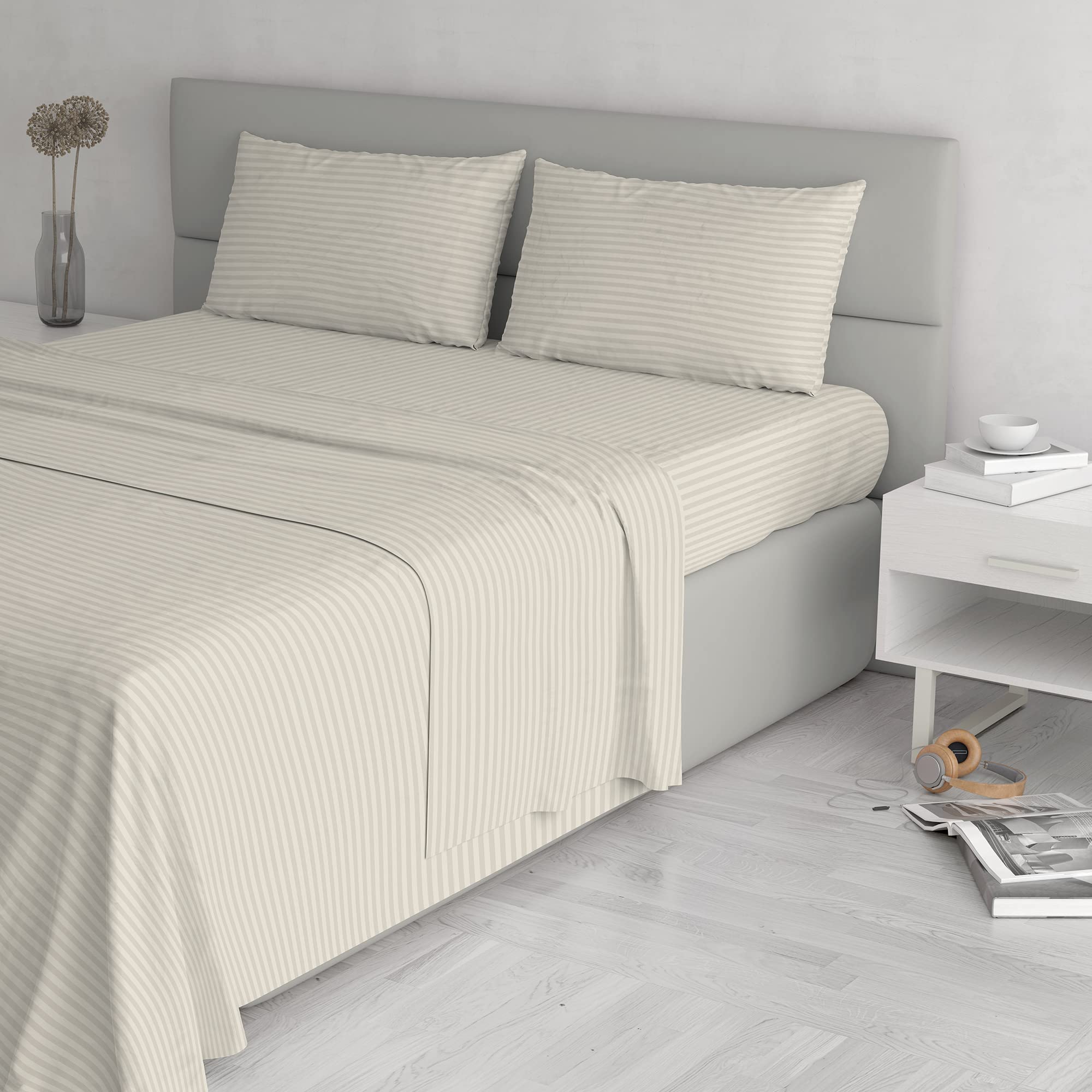 Italian Bed Linen Satin Stripes Bed Linen Set, Double, Dove Grey