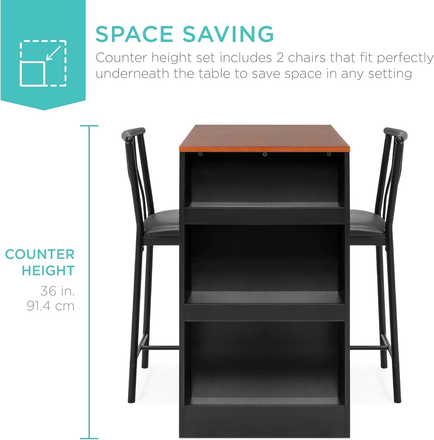 Best Choice Products 3-Piece 36in Wooden Counter Height Dining Table Set for Kitchen, Dining Room w/Storage Shelves, Metal Frame, 2 Barstools - Espresso - Table & Chair Sets