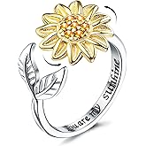 925 Sterling Silver Rings Sunflower Fidget Ring for Women Anxiety Stress Relieving You Are My Sunshine Flower Spinner Rings Cubic Zirconia Open Adjustable Stacking Statement Wedding Stackable Ring Jewelry Gift for Women Dainty