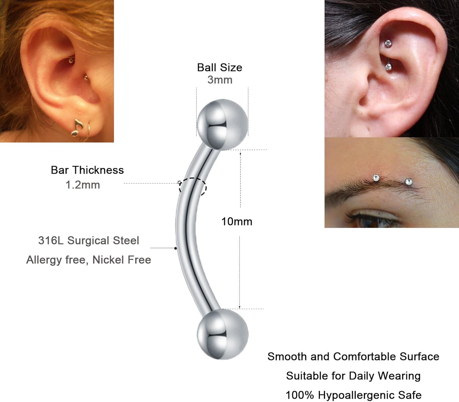 MODRSA Stainless Steel 16G Curved Barbell Piercing Lip Eyebrow Belly Rings Helix Tragus Daith Earrings Piercing 6PCS - Image 3