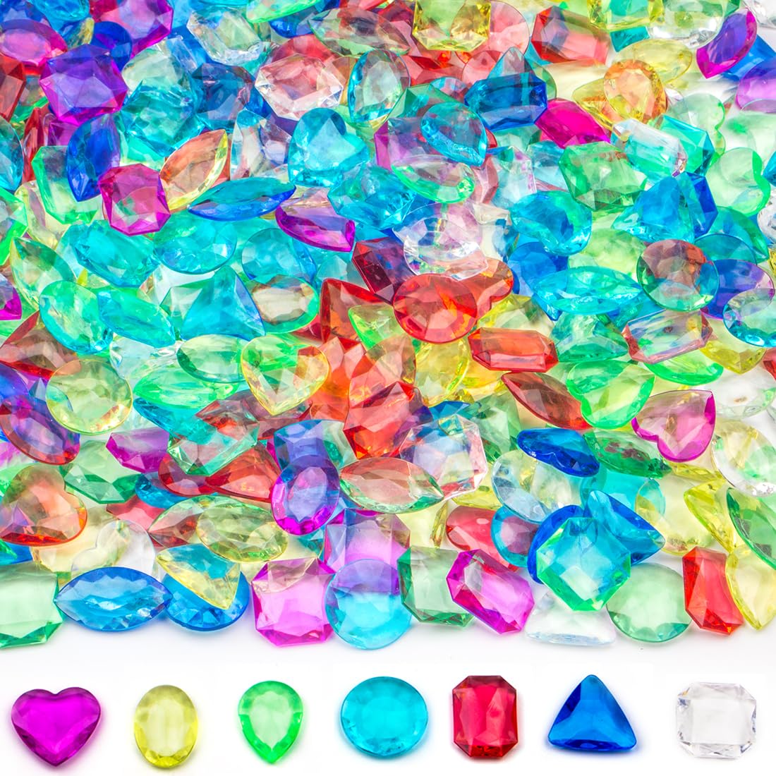 Prehalpty 200 Pcs Gemstones for Kids, 7 Styles 1" Plastic Gems Treasure Hunt Toys,Pirate Treasure Mermaid Swim Toys,Fake Gems for Vase Fillers
