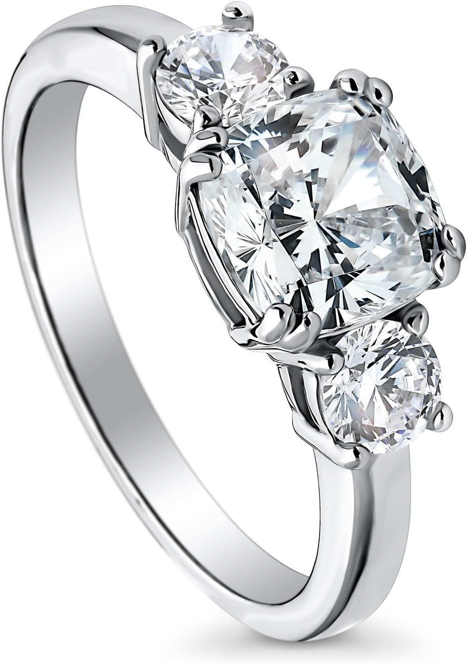 Rhodium Plated Sterling Silver Cushion Cut Cubic Zirconia CZ 3-Stone Anniversary Promise Engagement Ring 2.5 CTW