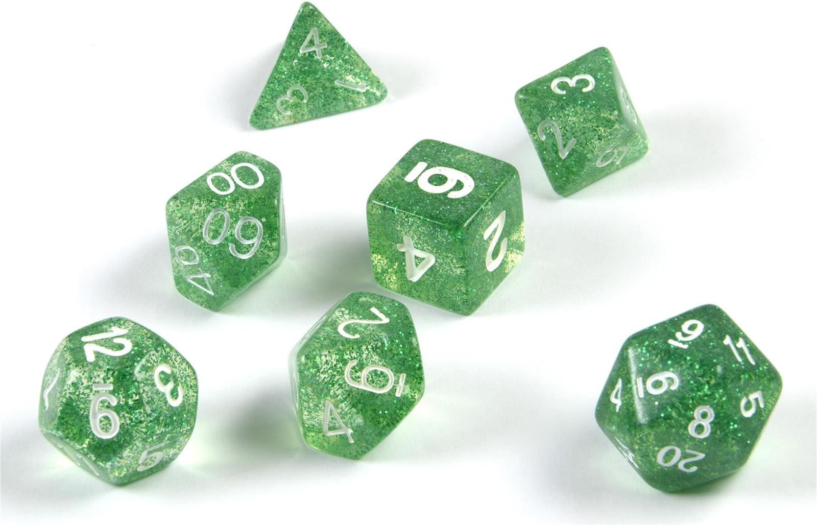 7x polyhedral glitter dice set for role and tabletop games in green including velvet bag