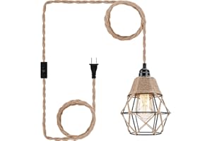 FRIDEKO HOME Industrial Plug in Pendant Light - 16.4ft Hanging lights with Plug In Cord Hemp Rope Hanging Lamp Farmhouse Hanging Light Fixtures with On/Off Switch for Kitchen Island Bedroom Living Room