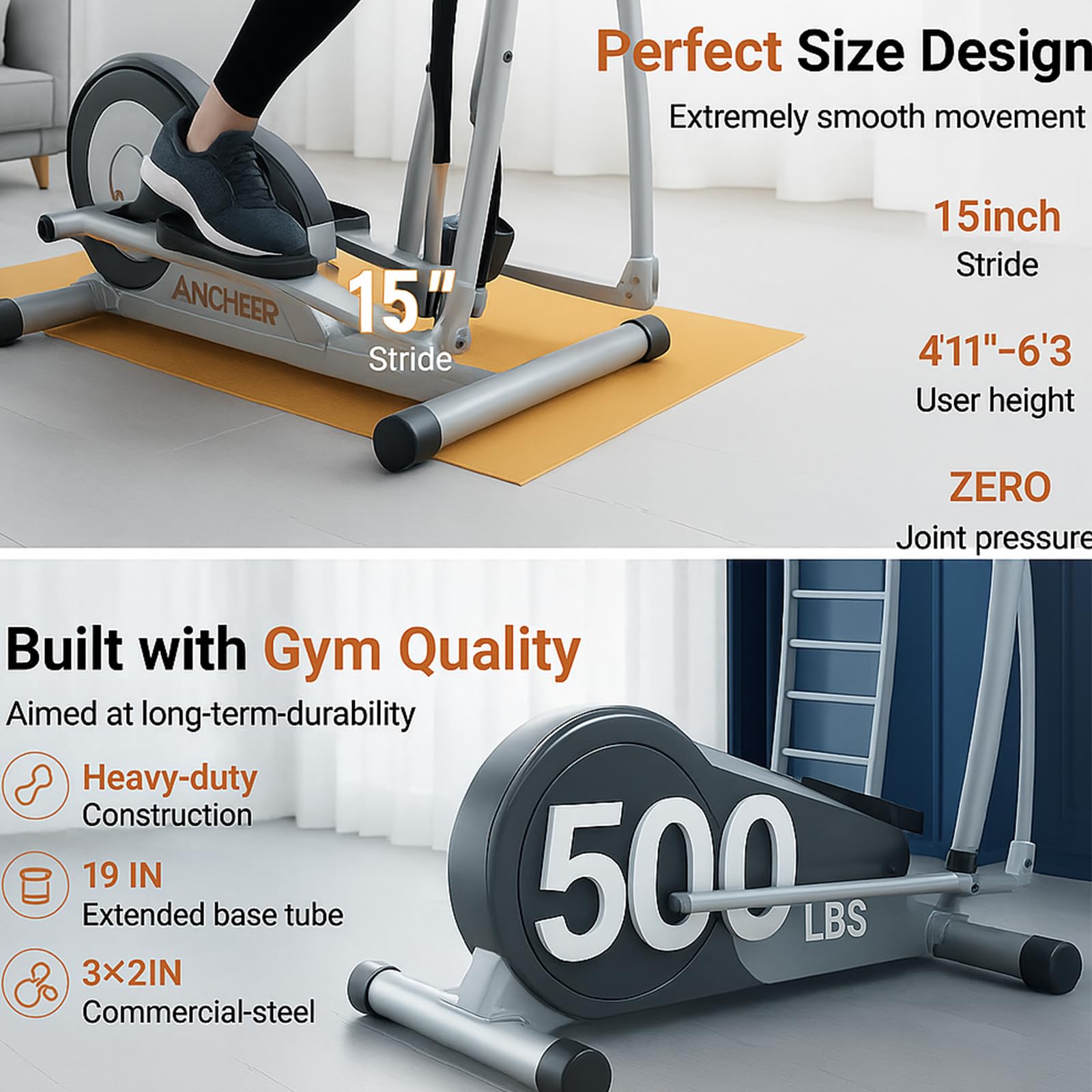 ANCHEER Elliptical Exercise Machine, Elliptical Trainer for Home Gym, Exercise Equipment 500Lbs Max Weight, Ultra-Silent Elliptical Machine, with Pulse Rate Grips, LCD & Smooth Resistance Levels