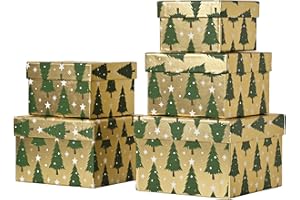 PAPER FAIR 5PCS Christmas Nesting Gift Boxes Set, Gold Foil Green Xmas Tree Flat Square Cardboard Nested Box with Lid, for Gift Wrapping Holiday Present Birthday, Assorted Size