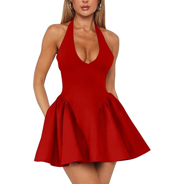 Yeenily Women's Black Small Halter Bow Tie Deep V Neck Sleeveless Backless  Sexy Mini Dress A Line Flowy Club Cocktail Prom Dress at Amazon Women's  Clothing store