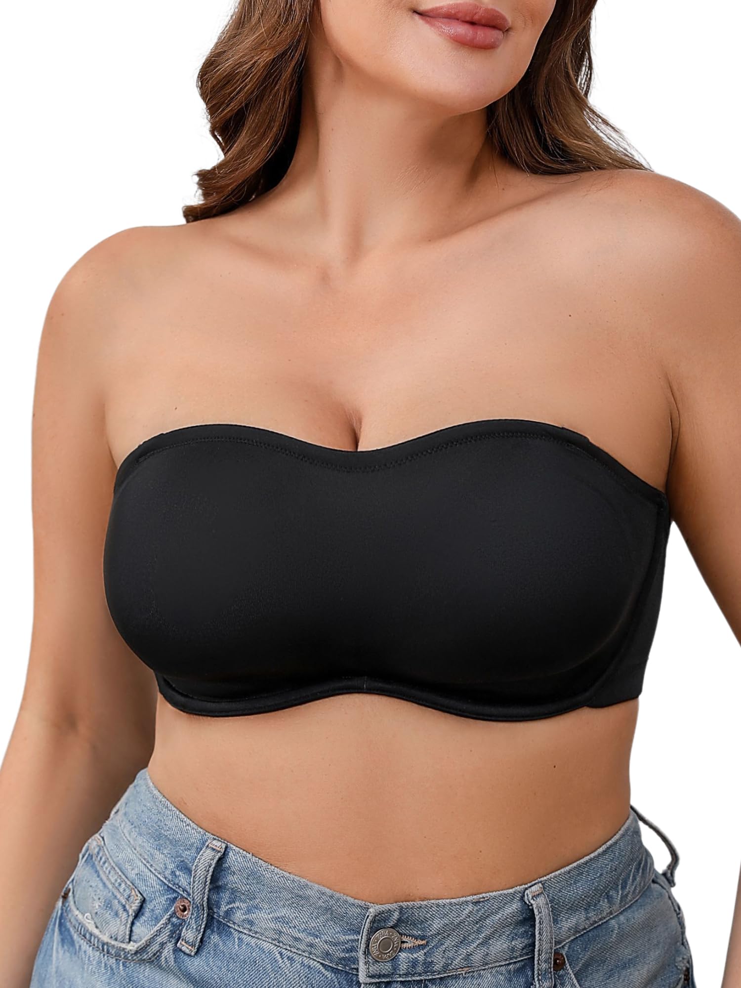 Photo 1 of ZEBELL Plus Size Strapless Bras for Women with Underwire, Non-Slip Silicone Unlined Minimizer Bandeau Bra Black