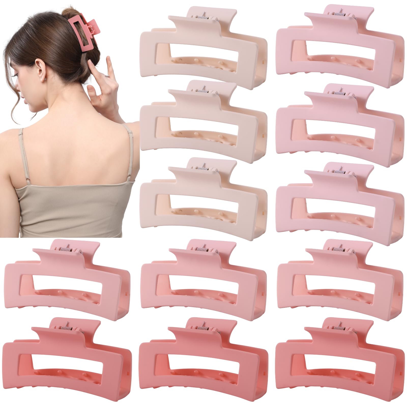 Photo 1 of 12 Pcs Pink Medium Hair Claw Clips for Women, 3.5 Inch Matte Square Jaw Clips, Strong Hold Non-Slip Hair Clips for Thick and Thin Hair