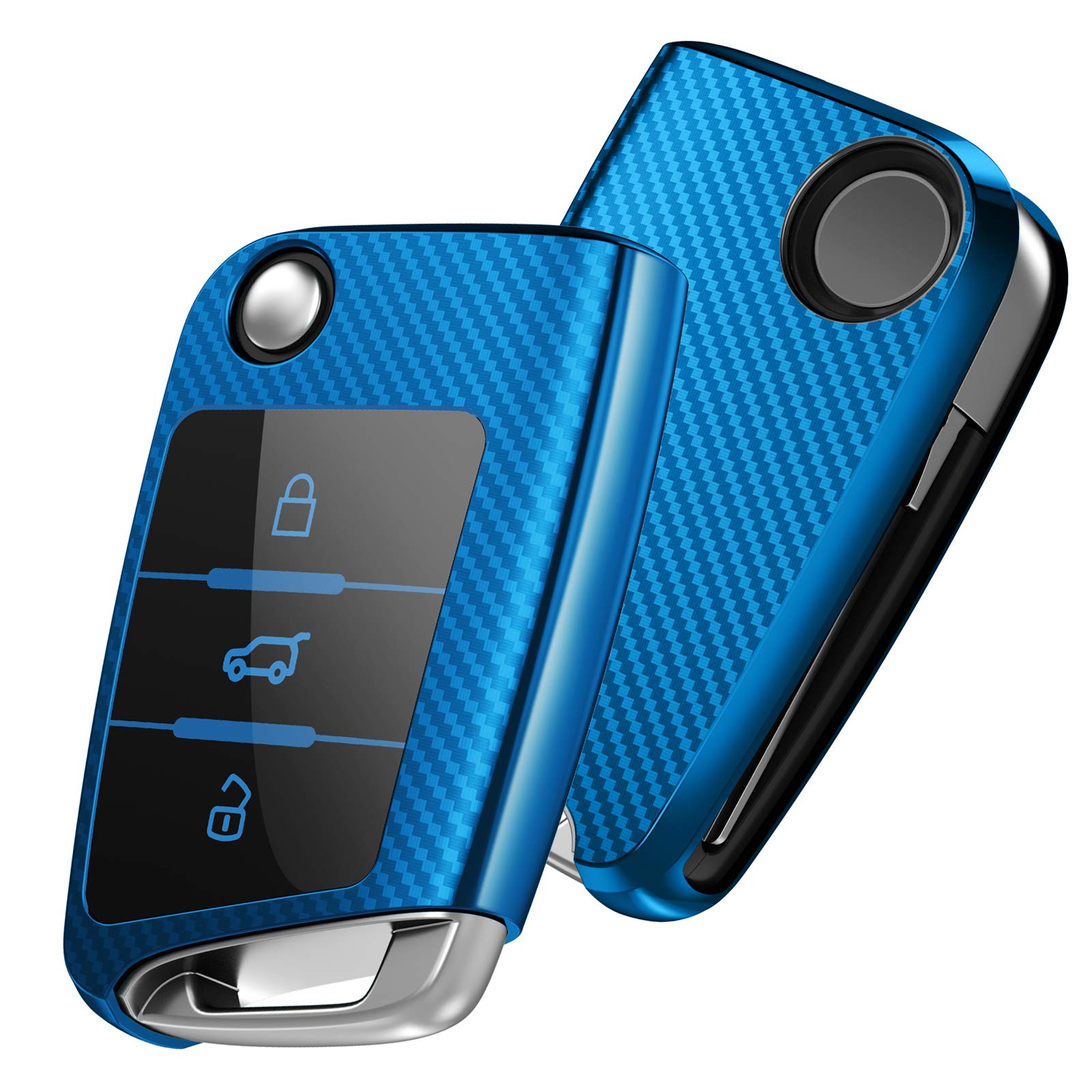 OATSBASF Car Key Cover Compatible with VW,Car Key Case for VW Golf 7 Polo Skoda Seat TPU Silicone 3 Buttons Box (Blue-Stripe)