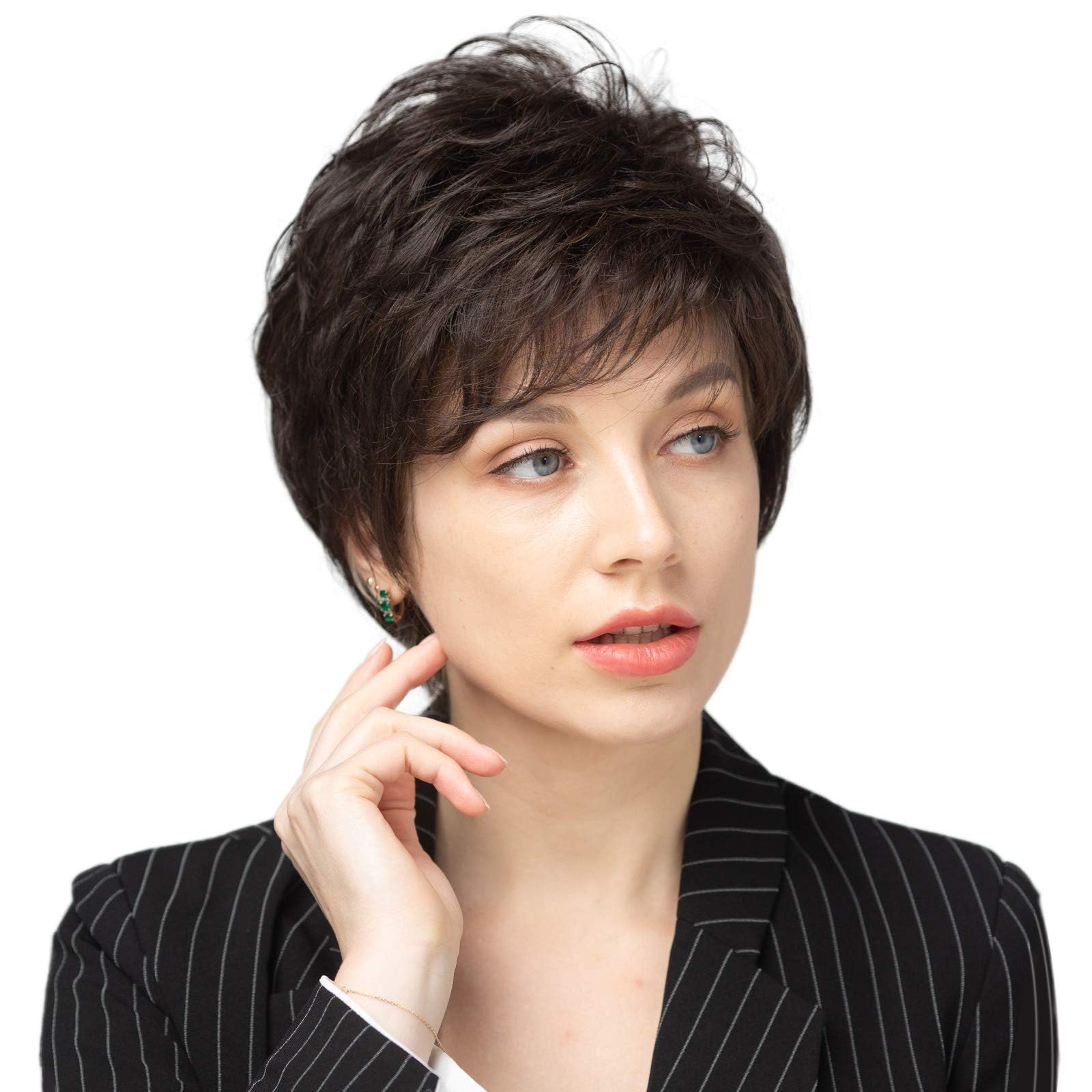 Photo 1 of BLONDE UNICORN Natural Black Pixie Cut Short Wigs with Bangs for Women, Fiber & Remy Human Hair Blend for Natural Daily Use