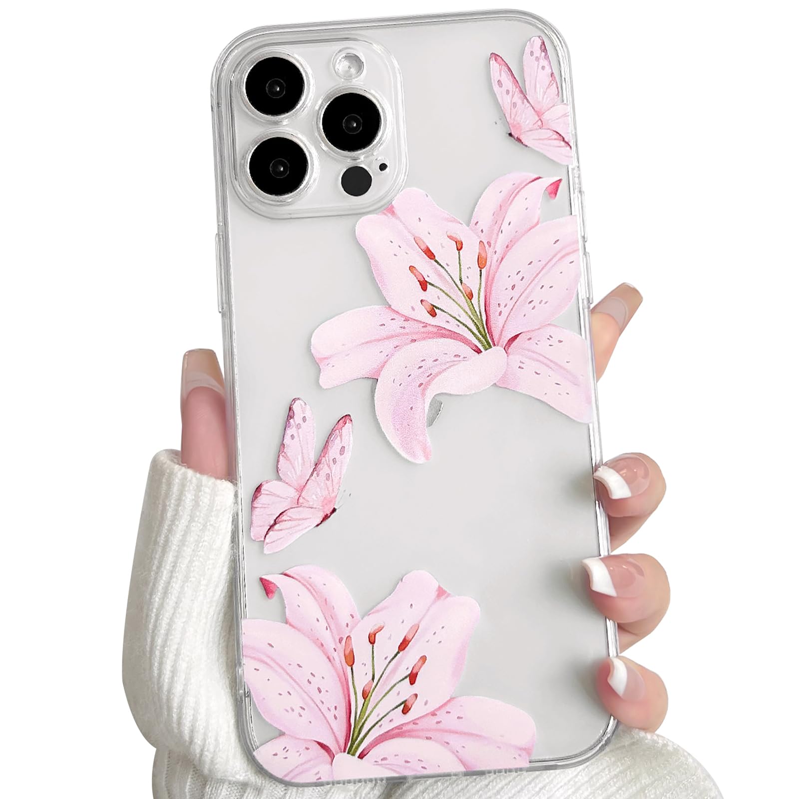 Photo 1 of NITITOP Compatible with iPhone 16 Pro Max Case Clear Cute Butterfly Lily Flower Floral Pattern for Women Girls Full Camera Lens Clear Slim Shockproof Protective Phone Cover - Pink